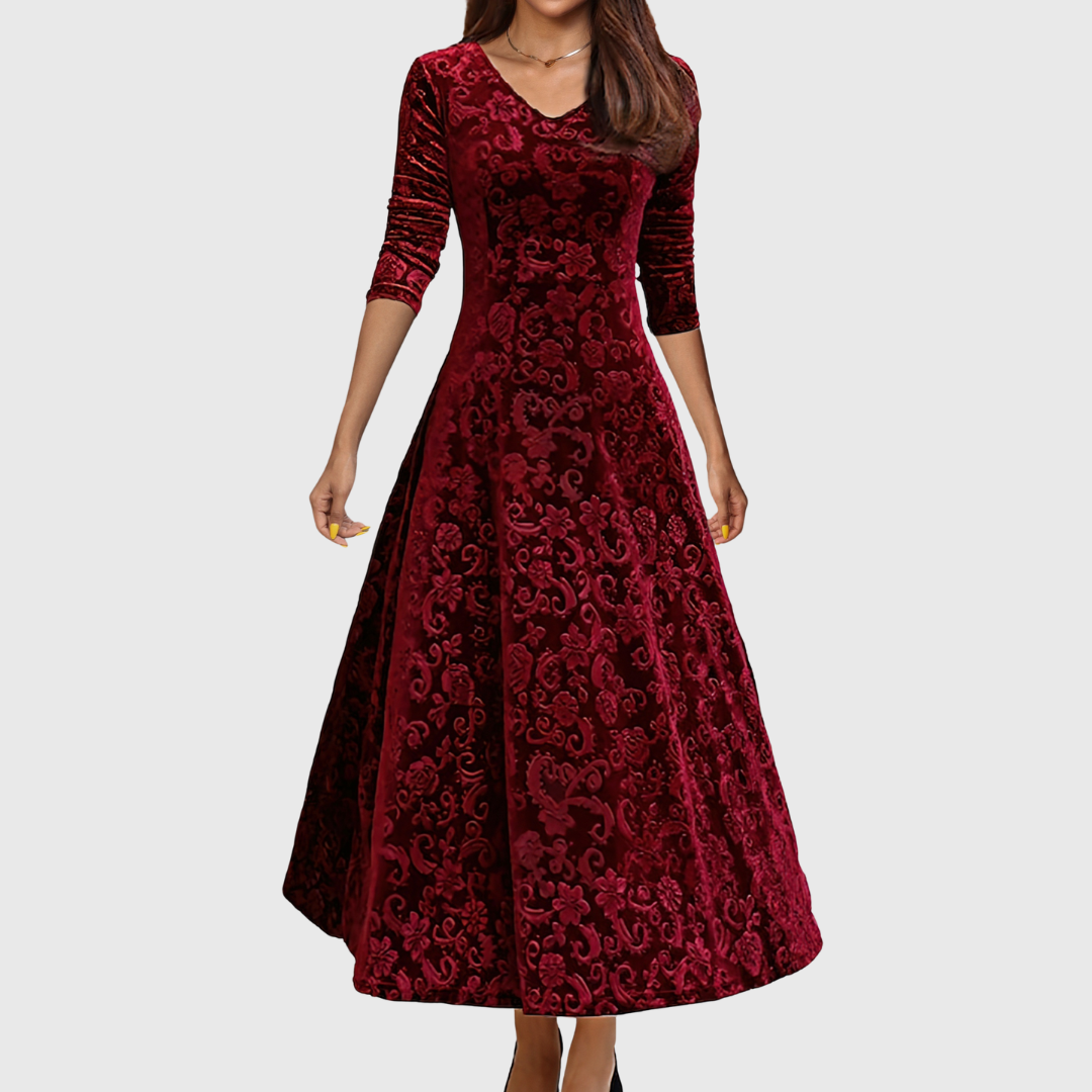 Nancy | Women's Luxe Holiday Midi Dress with V-Neck and Long Sleeve