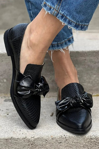 Women's Lightweight Slip-On Black Loafers With Shiny Bow