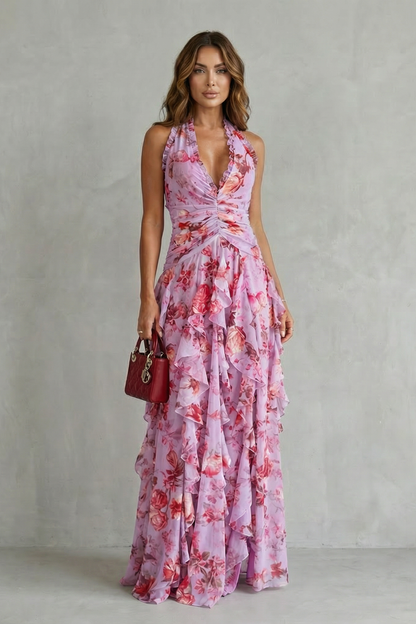 Women's Belladina Enchanting Rose Cascade Halter Maxi Dress