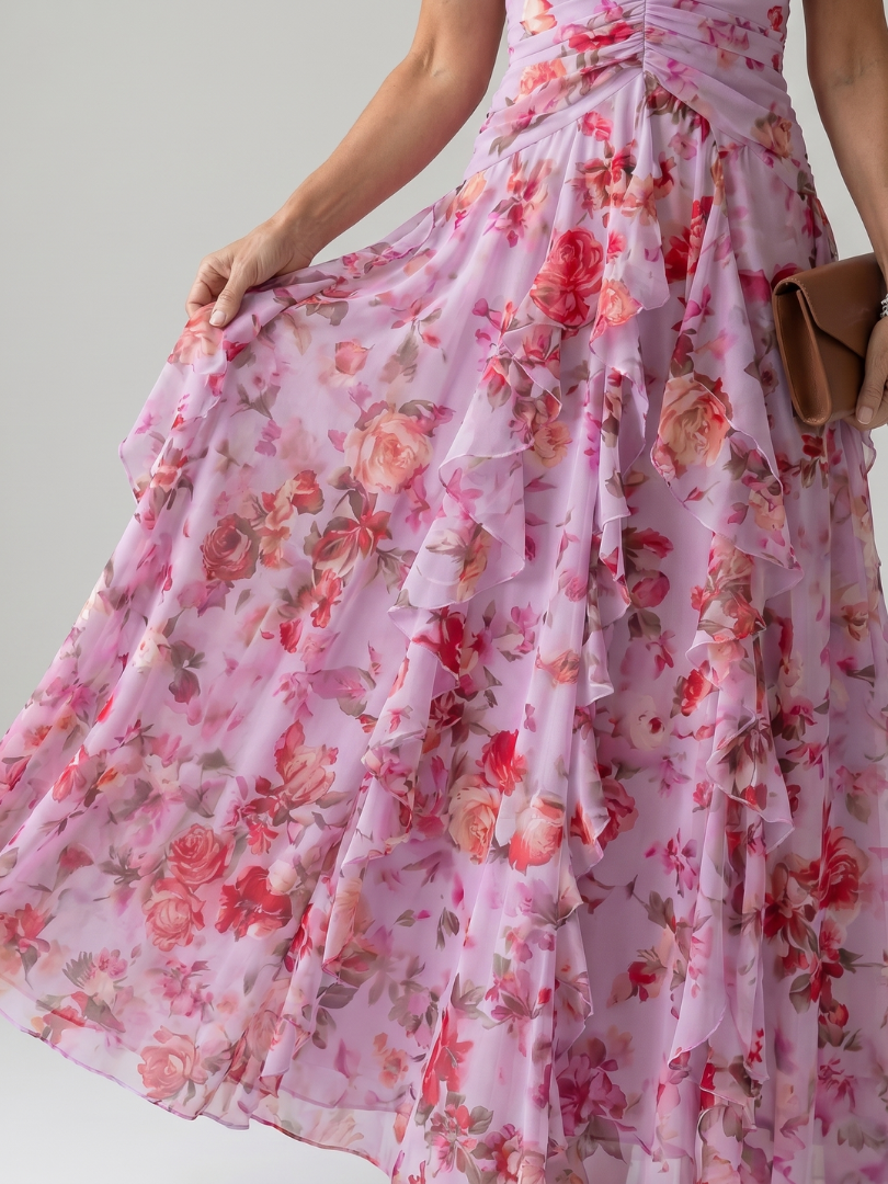 Nori | Women's Halter Neck Ruched Bodice Floral Maxi Dress with Ruffle Detail