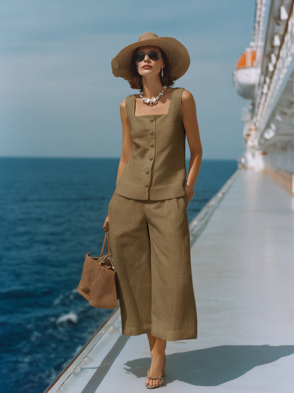 Women's Timeless White, Square Neck Top with Matching Capri Trousers Set