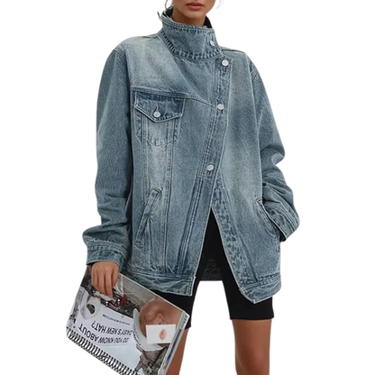 Skye | Women's Relaxed Retro-Inspired High Neck Asymmetric Jacket with Vintage Wash