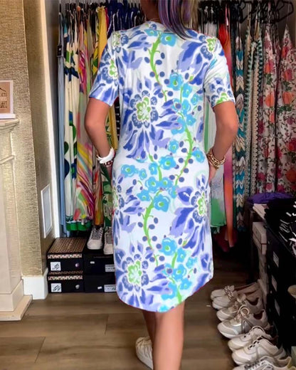 Federica | Women's Relaxed Dress with Short Sleeves and Floral Print