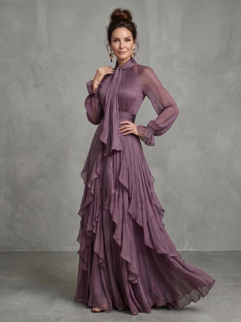 Demetria | Women's Tie Neck Ruffle Tiered Maxi Dress