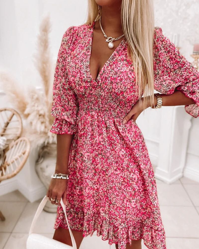 Sami | Women's Floral Summer Mini Dress with Ruffle Detail and Smocking