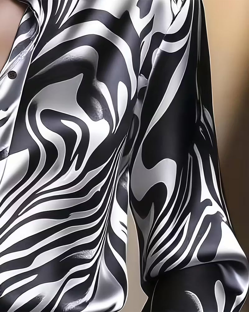 Women's Chic and Stylish Printed Blouse with V-Neck and Long Sleeve