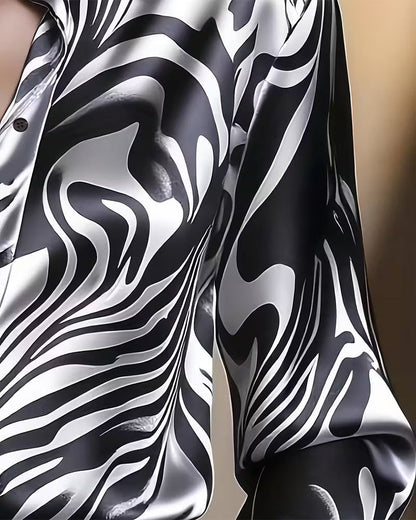 Women's Chic and Stylish Printed Blouse with V-Neck and Long Sleeve