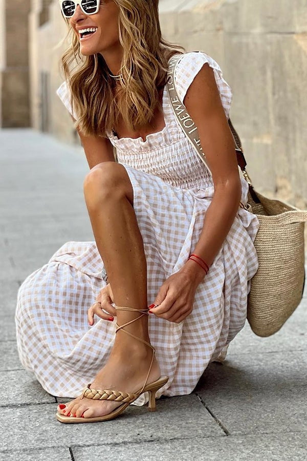 Ivara | Women's Elegant Plaid Summer Maxi Dress with Ruffle Detail and Smocking