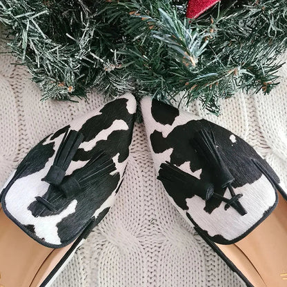 Pointed-Toe Cowprint Loafers With Tassel