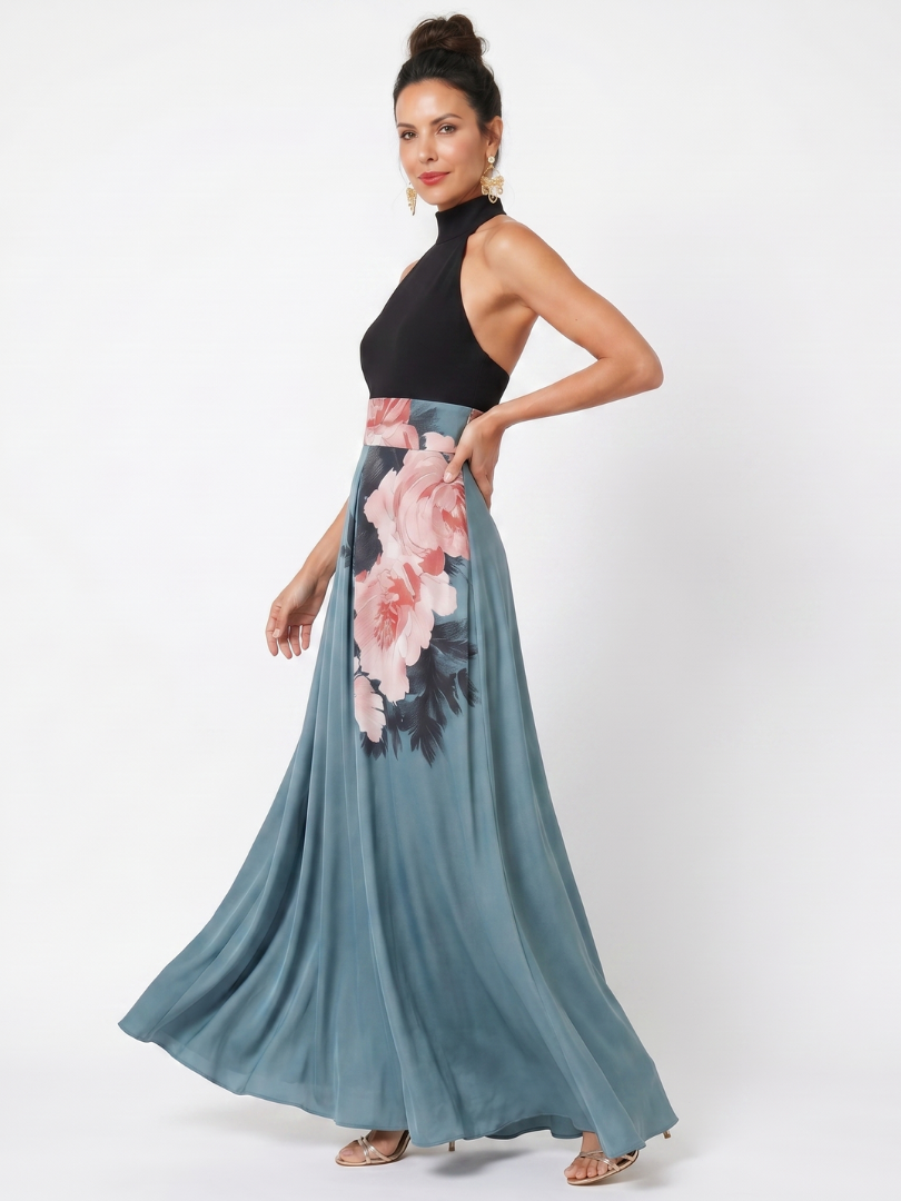 Olympas | Women's Halter Bodice Floral Skirt Maxi Dress