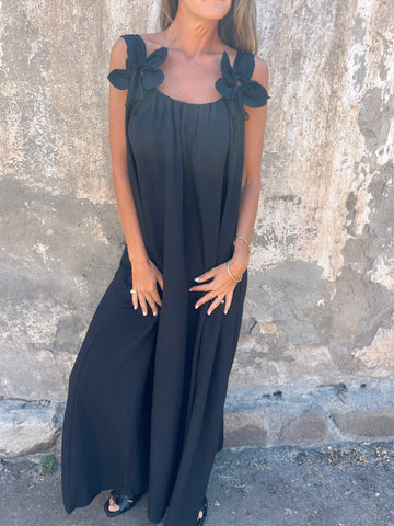 Floral Pattern Women's Maxi Dress with U-Shaped Neckline in Solid Colour