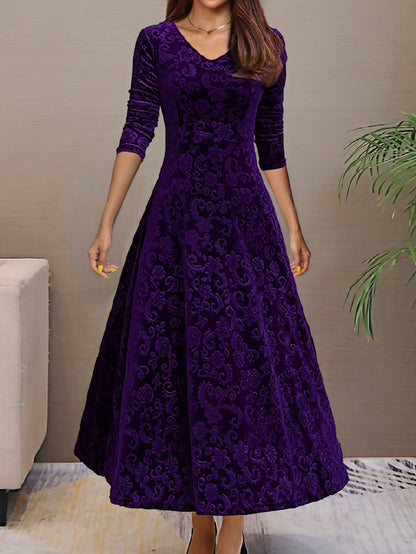 Nancy | Women's Luxe Holiday Midi Dress with V-Neck and Long Sleeve