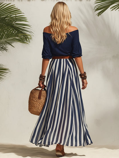 Women's Navy Blue Off-the-Shoulder Nautical Top with Striped Slit Skirt Set