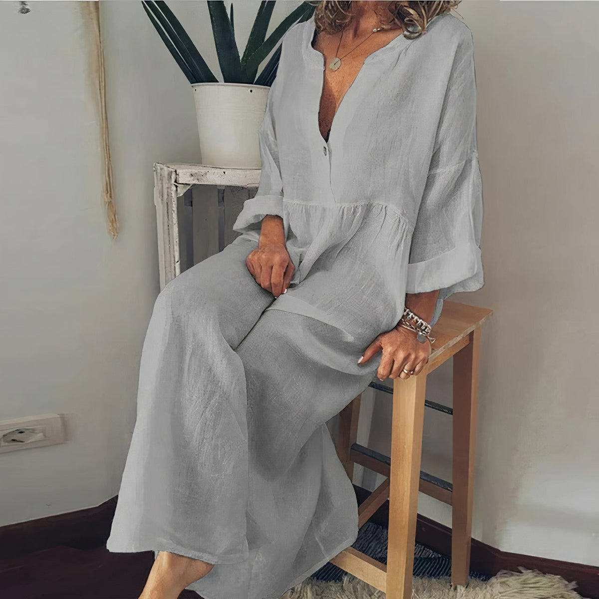 Women's Chic Blouse-Style Maxi Dress with Long Sleeve