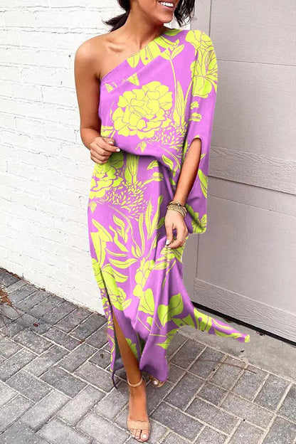 Women's Rosie One-Shoulder Maxi Dress with Printed Design and Split Hem