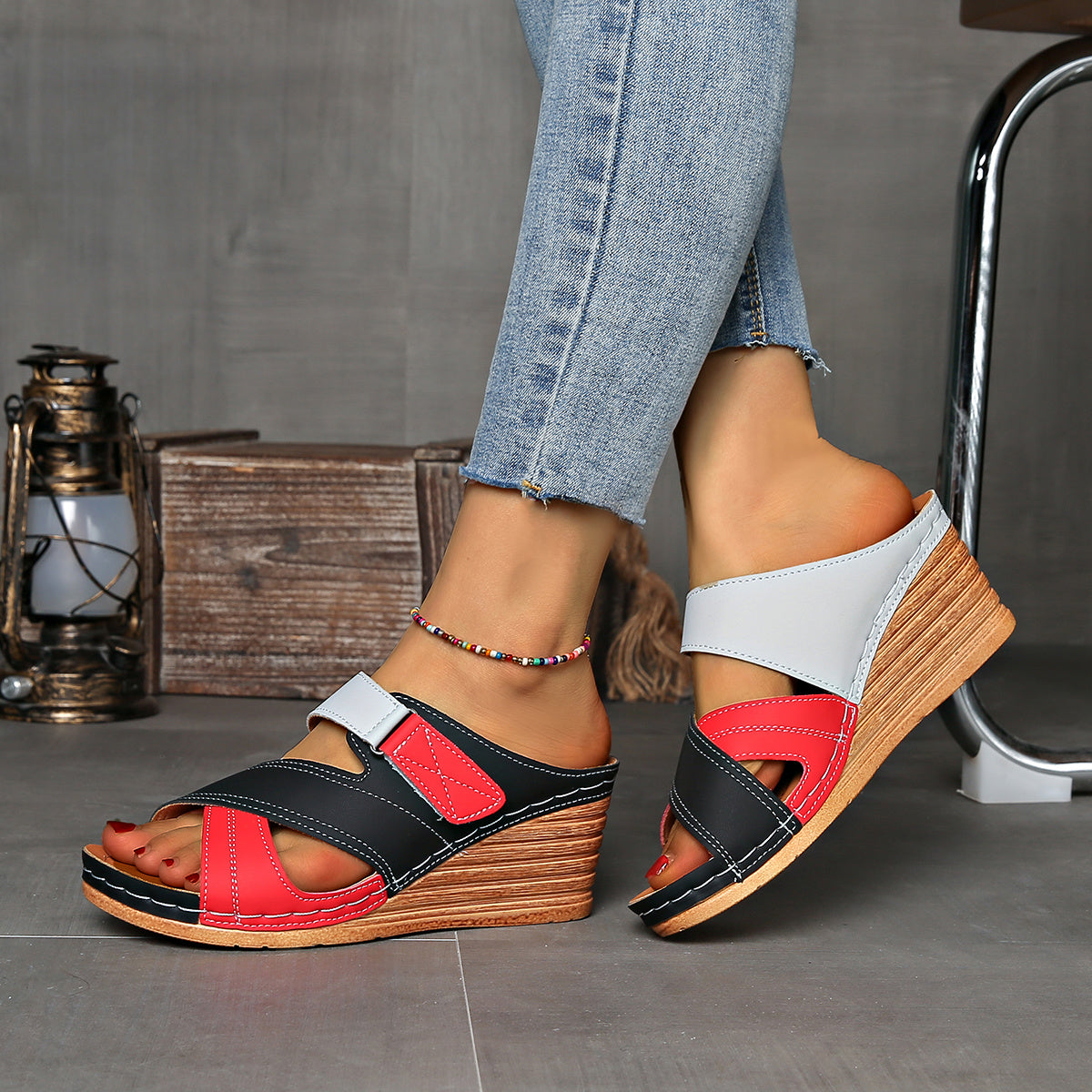 Women's Orthopedic Open-Toe Marina Colourblock Wedge Slides, Comfortable Sandals