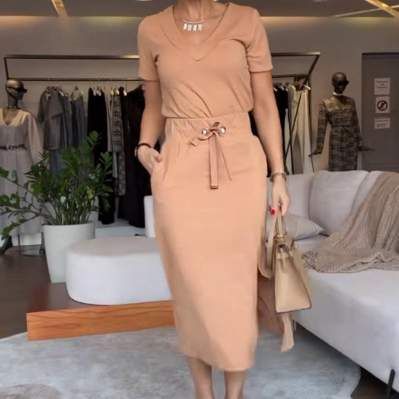 Tori | Women's Stylish V-Neck Top & Skirt Set with Drawstring