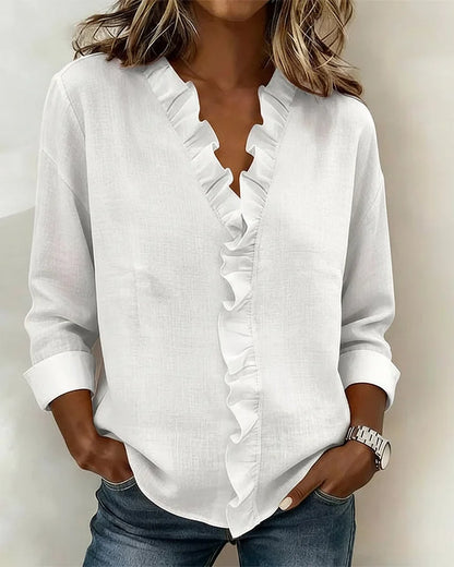 Indie | Women's Relaxed Ruffled V-Neck Blouse with Long Sleeves