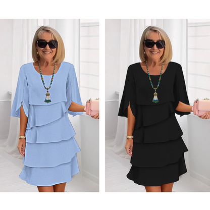 Chic Layered Midi Dress with Puff Sleeves for Women