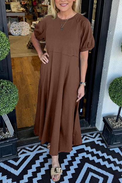 Women's Elegant Maxi Dress with Puff Sleeves and Round Neck