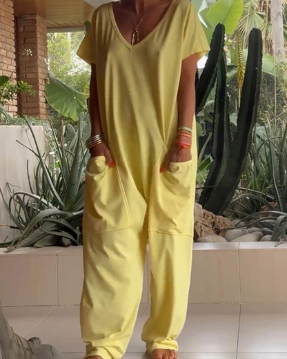 Yelena | Women's Casual V-Neck Solid Colour Jumpsuit
