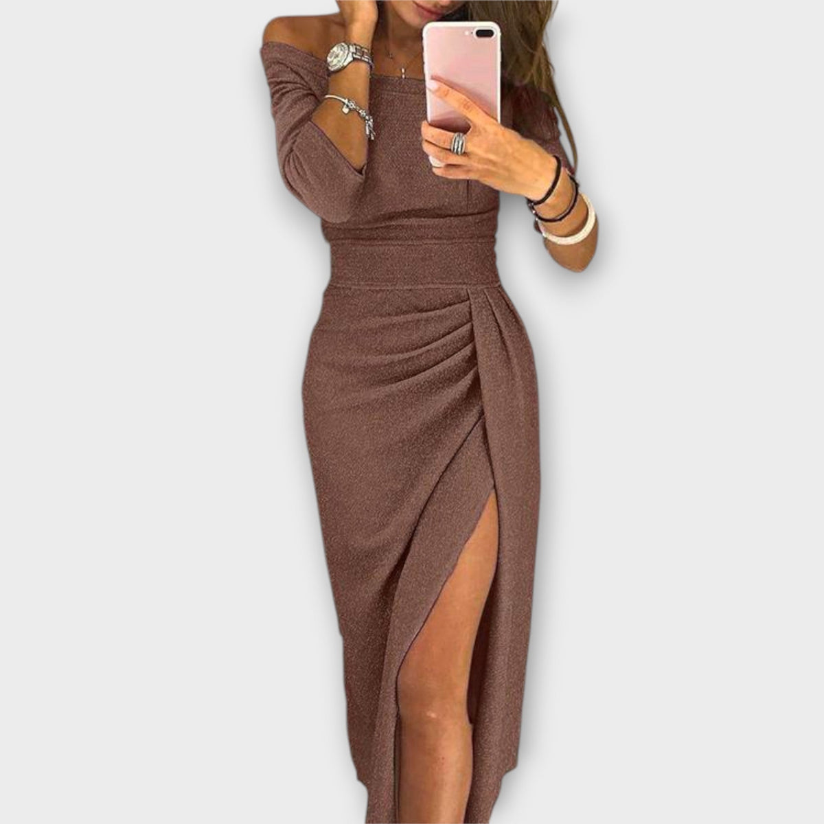Lena | Women's Elegant Off-Shoulder Midi Dress with Side Slit