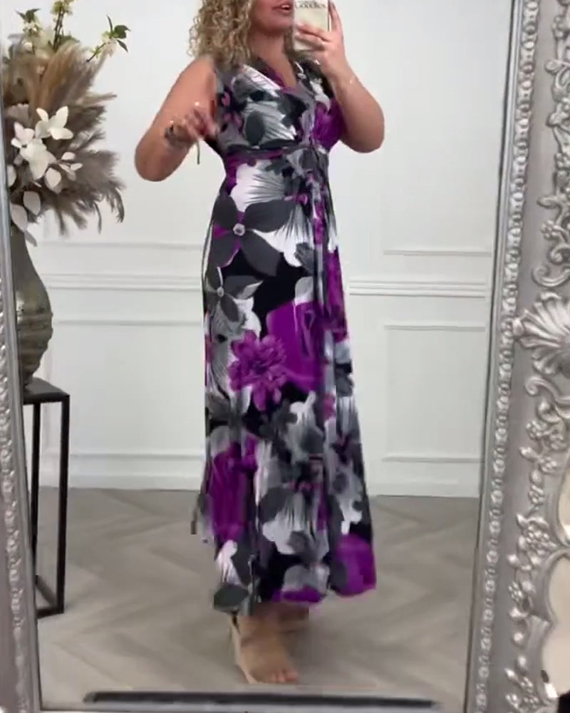 Svea | Women's Sleeveless Pleated Maxi Dress with Floral Print