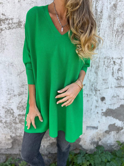 Hannah | Women's Longline V-Neck Jumper with Side Slit and Side Slits
