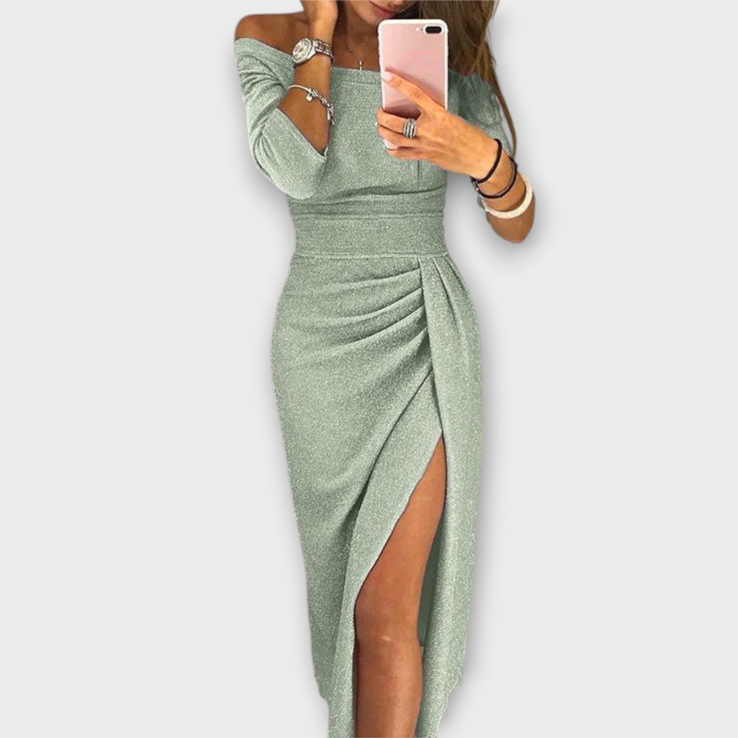 Lena | Women's Elegant Off-Shoulder Midi Dress with Side Slit
