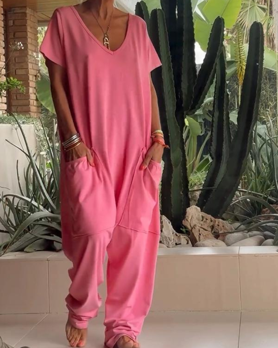 Yelena | Women's Casual V-Neck Solid Colour Jumpsuit