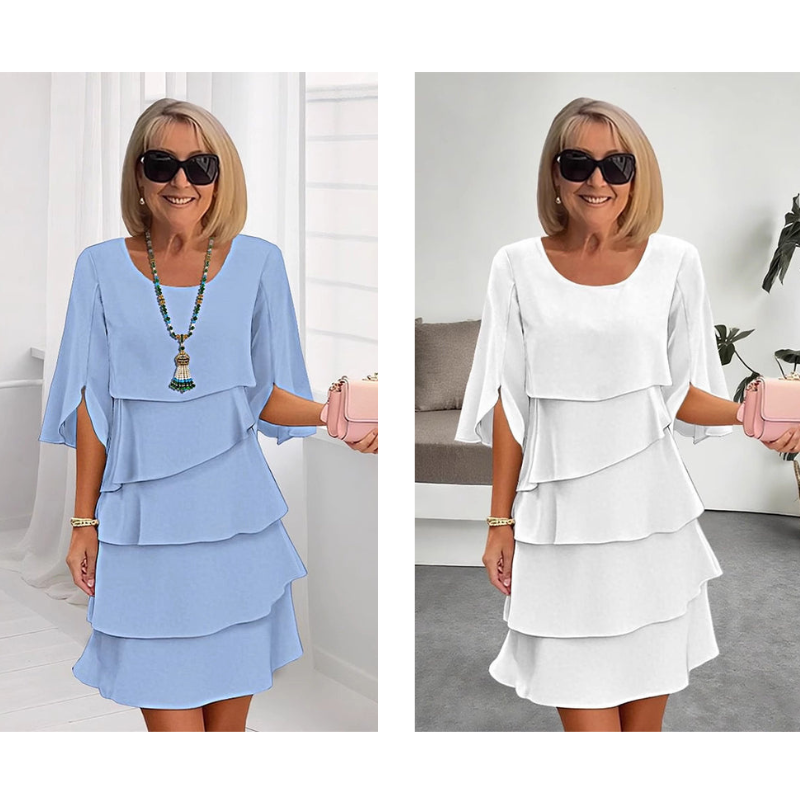 Chic Layered Midi Dress with Puff Sleeves for Women