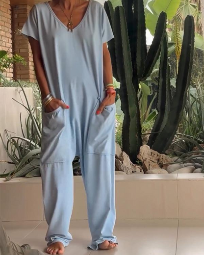 Yelena | Women's Casual V-Neck Solid Colour Jumpsuit