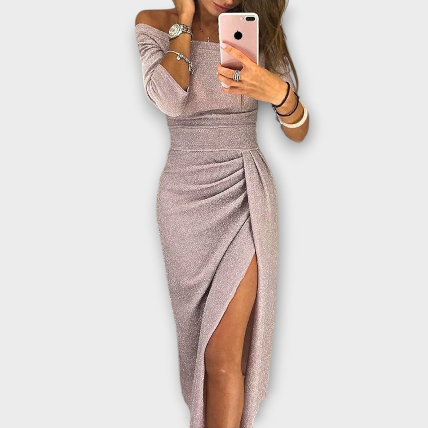 Lena | Women's Elegant Off-Shoulder Midi Dress with Side Slit