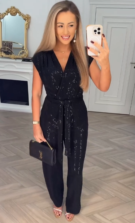 Women's Sequined Solid Colour Jumpsuit with Tie Detail
