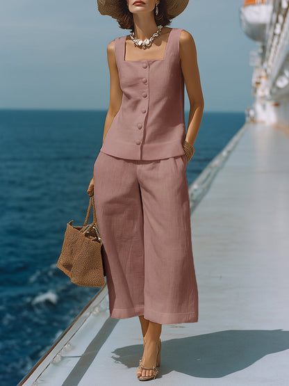 Women's Timeless White, Square Neck Top with Matching Capri Trousers Set