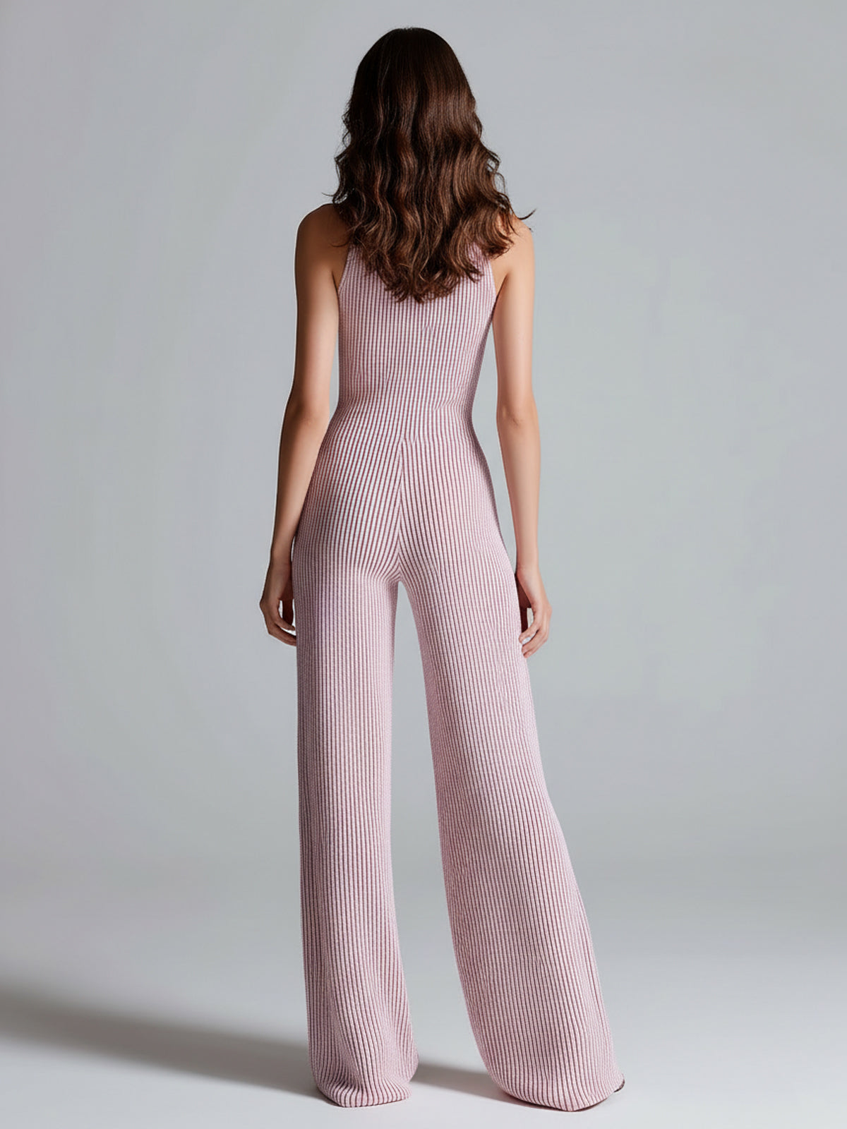 Women's ElevenOra Stylish Pink Sleeveless Jumpsuit with Stand Collar, Zipper Front, Tailored Waist, and Wide Leg Ribbed Design