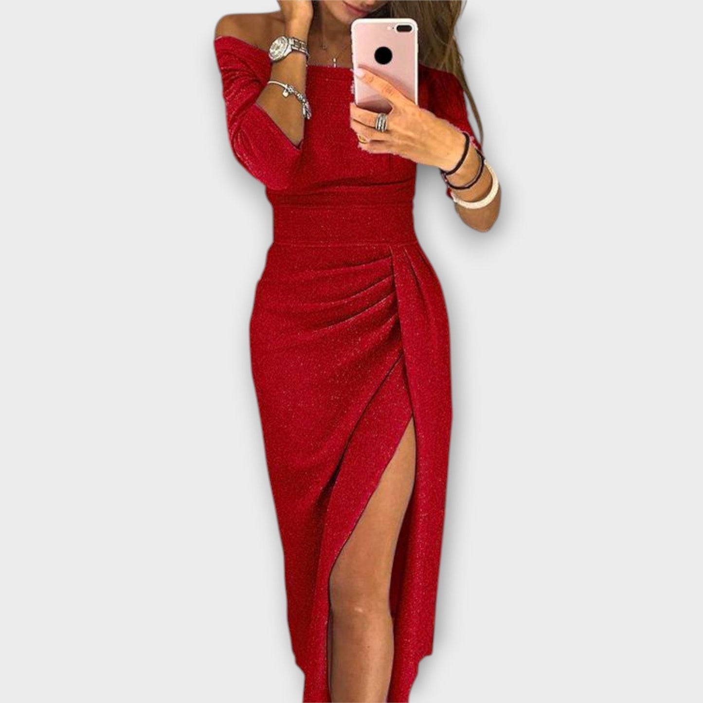 Lena | Women's Elegant Off-Shoulder Midi Dress with Side Slit
