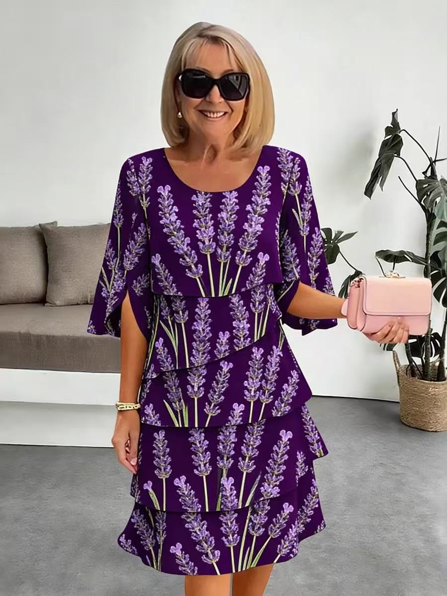 Elyvane | Women's Floral Ruffled Midi Dress with Mid-Length and Split Sleeves