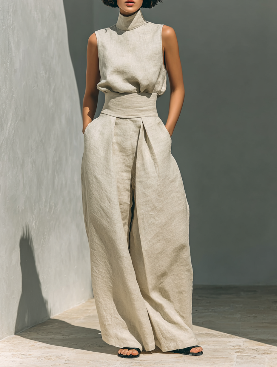 Women's Sleeveless, Blouse and Wide-Leg Trousers Ensemble