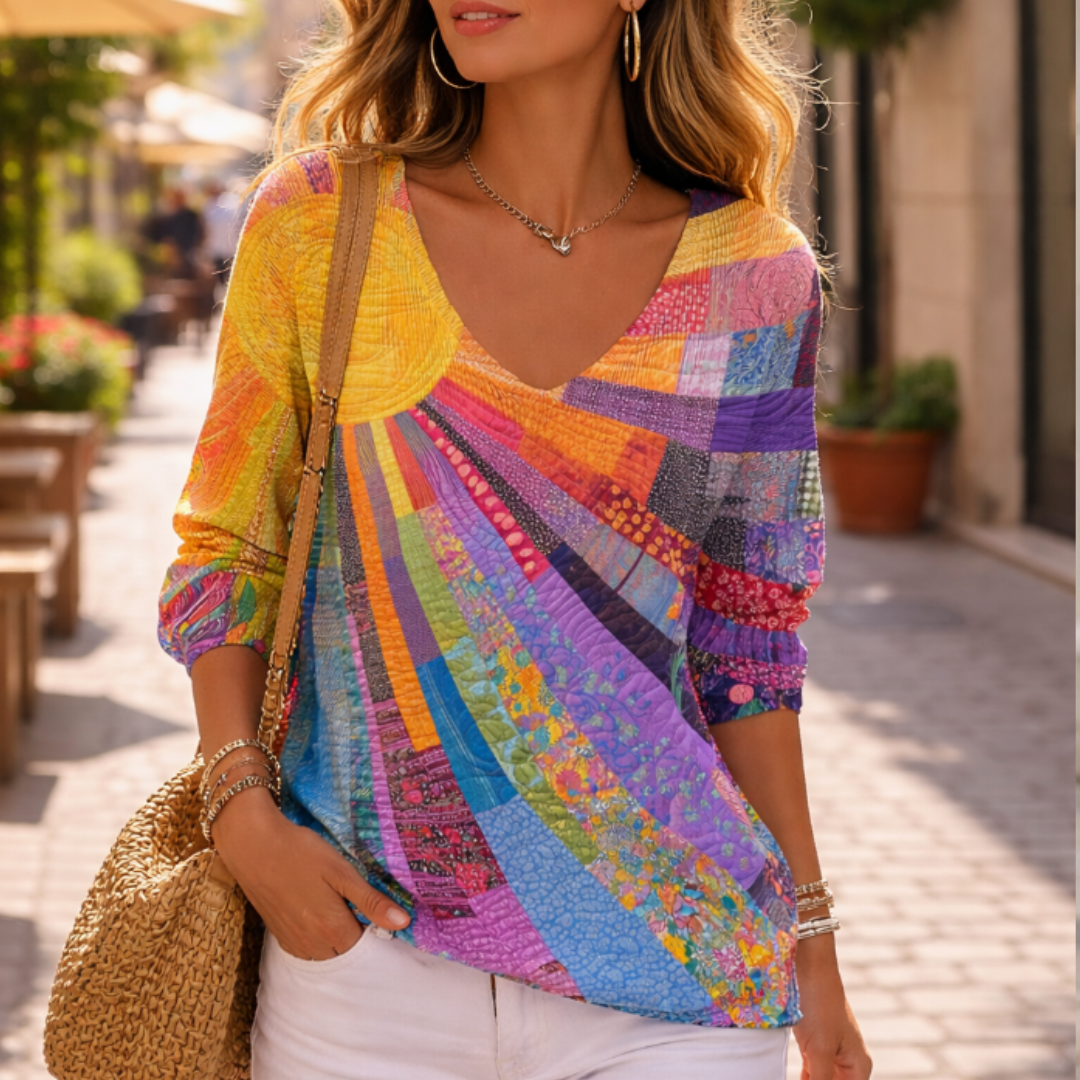 Women's Retro Colourful Patchwork Tee with V-Neck and Long Sleeve
