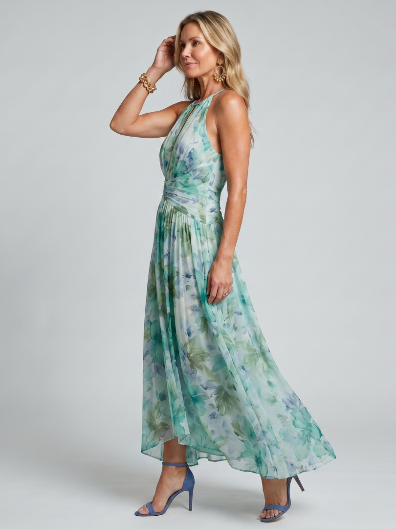 Portia | Women's Pleated Halter Soft Floral Pattern Midi Dress