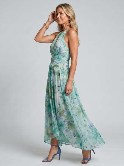 Portia | Women's Pleated Halter Soft Floral Pattern Midi Dress