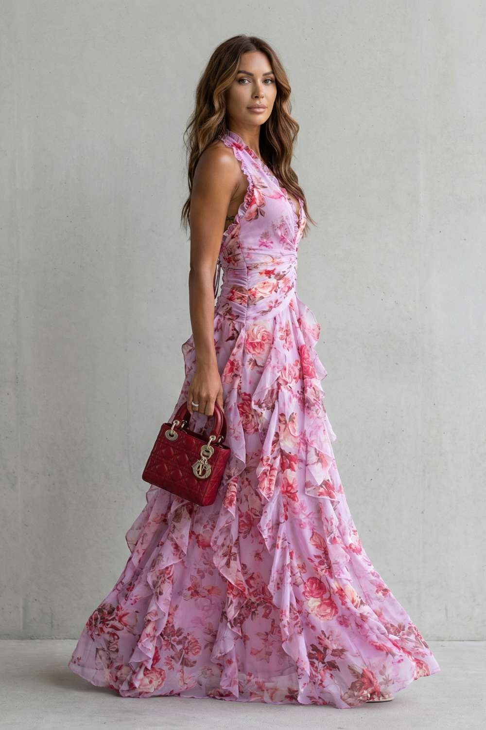 Women's Belladina Enchanting Rose Cascade Halter Maxi Dress