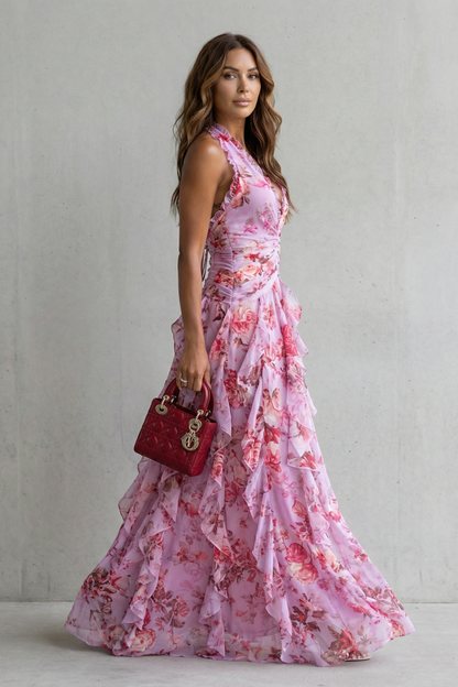 Women's Belladina Enchanting Rose Cascade Halter Maxi Dress