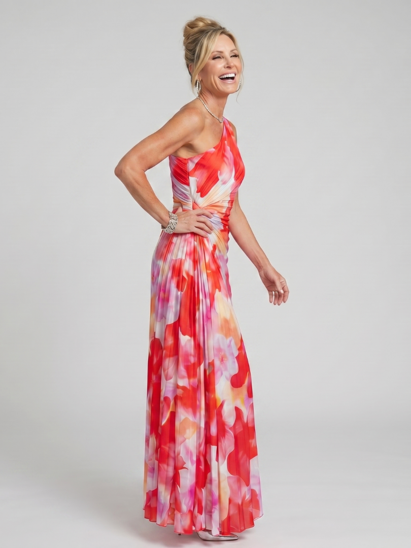 Taya | Women's One Shoulder Pleated Bodice Midi Dress