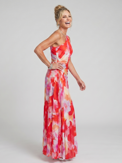 Taya | Women's One Shoulder Pleated Bodice Midi Dress