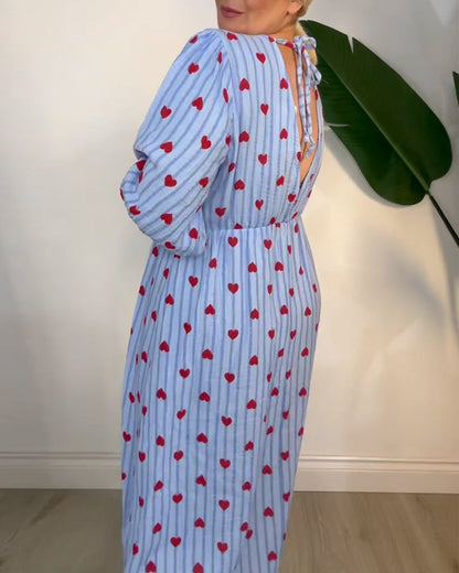 Belle | Women's Striped Elegant V-Neck Heart Patterned Maxi Dress with Lace-Up
