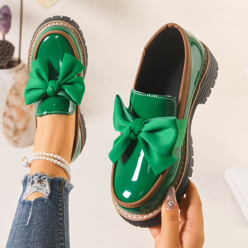 Women's Lightweight Slip-On Shiny Green Bowknot Loafers with Chunky Cushioned Sole