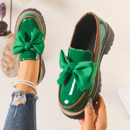 Women's Lightweight Slip-On Shiny Green Bowknot Loafers with Chunky Cushioned Sole