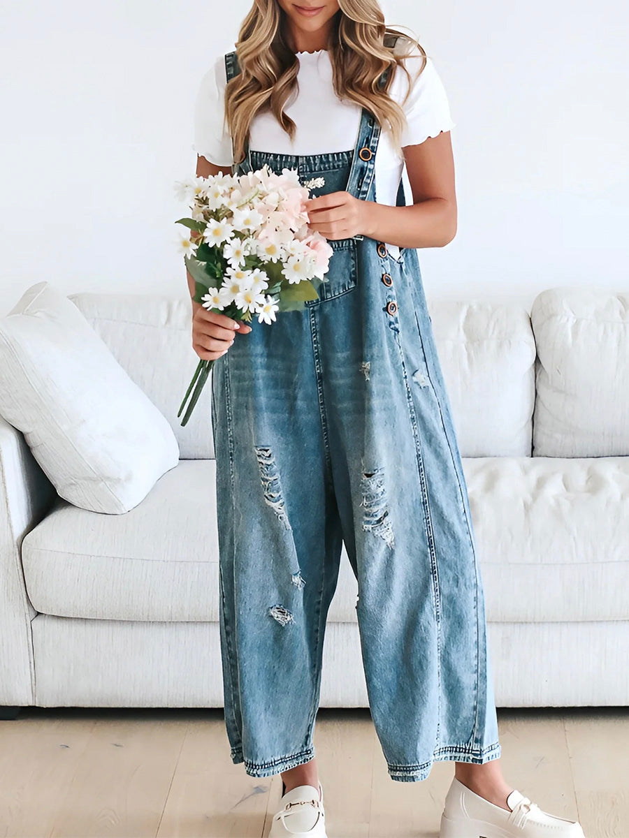 Thessa | Women's Relaxed Distressed Denim Overalls with Pockets